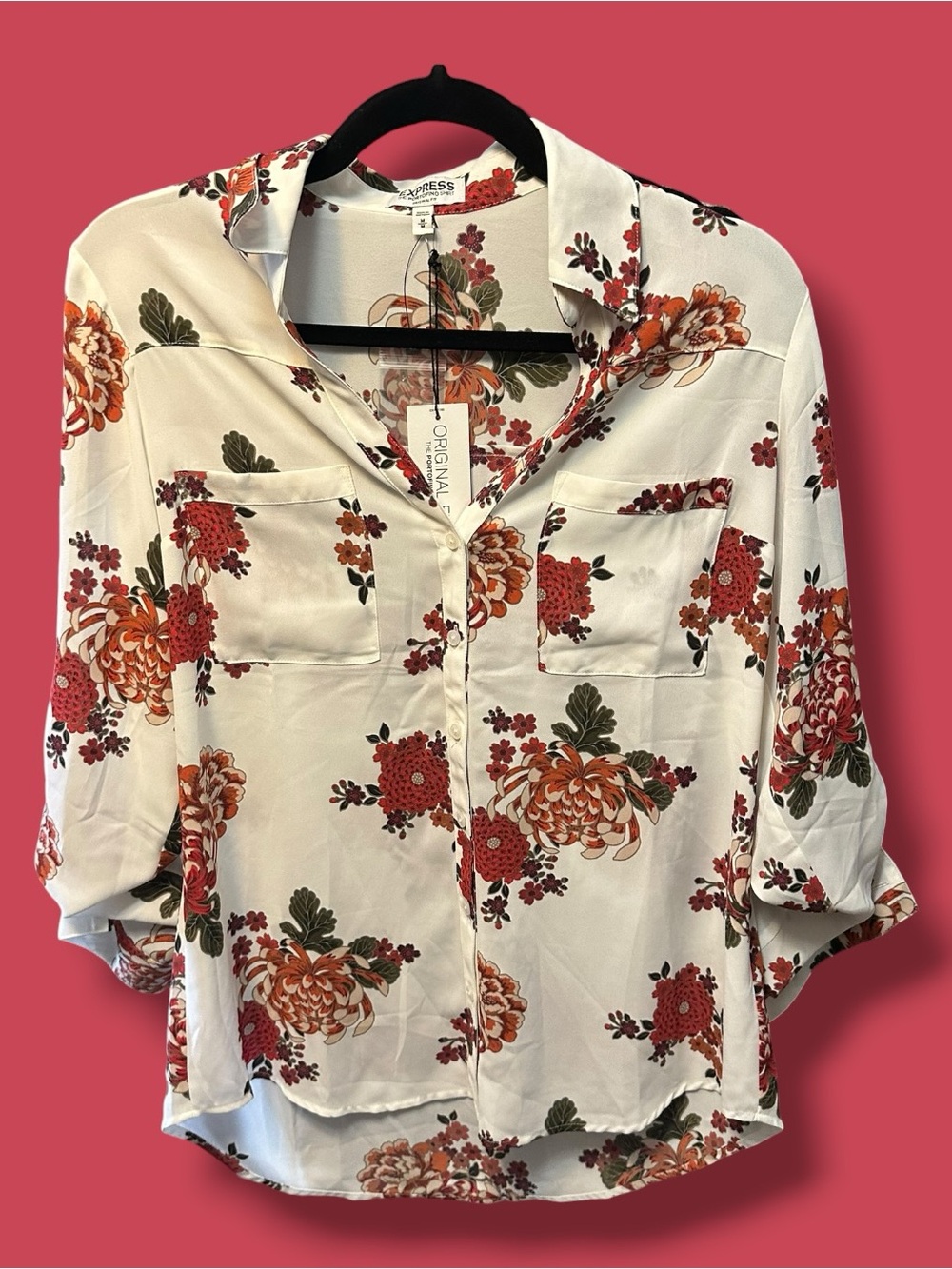 Express White Floral Button-Down Shirt with Red & Orange Blooms